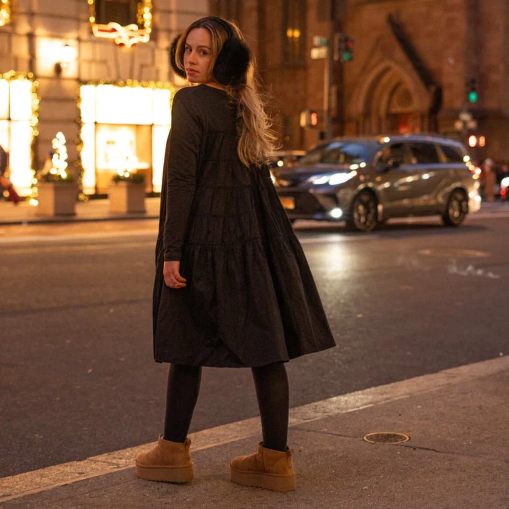 AMIKE - BALLOON MIDI DRESS WITH STATEMENT GATHERED POPLIN BACK | BLACK | XS